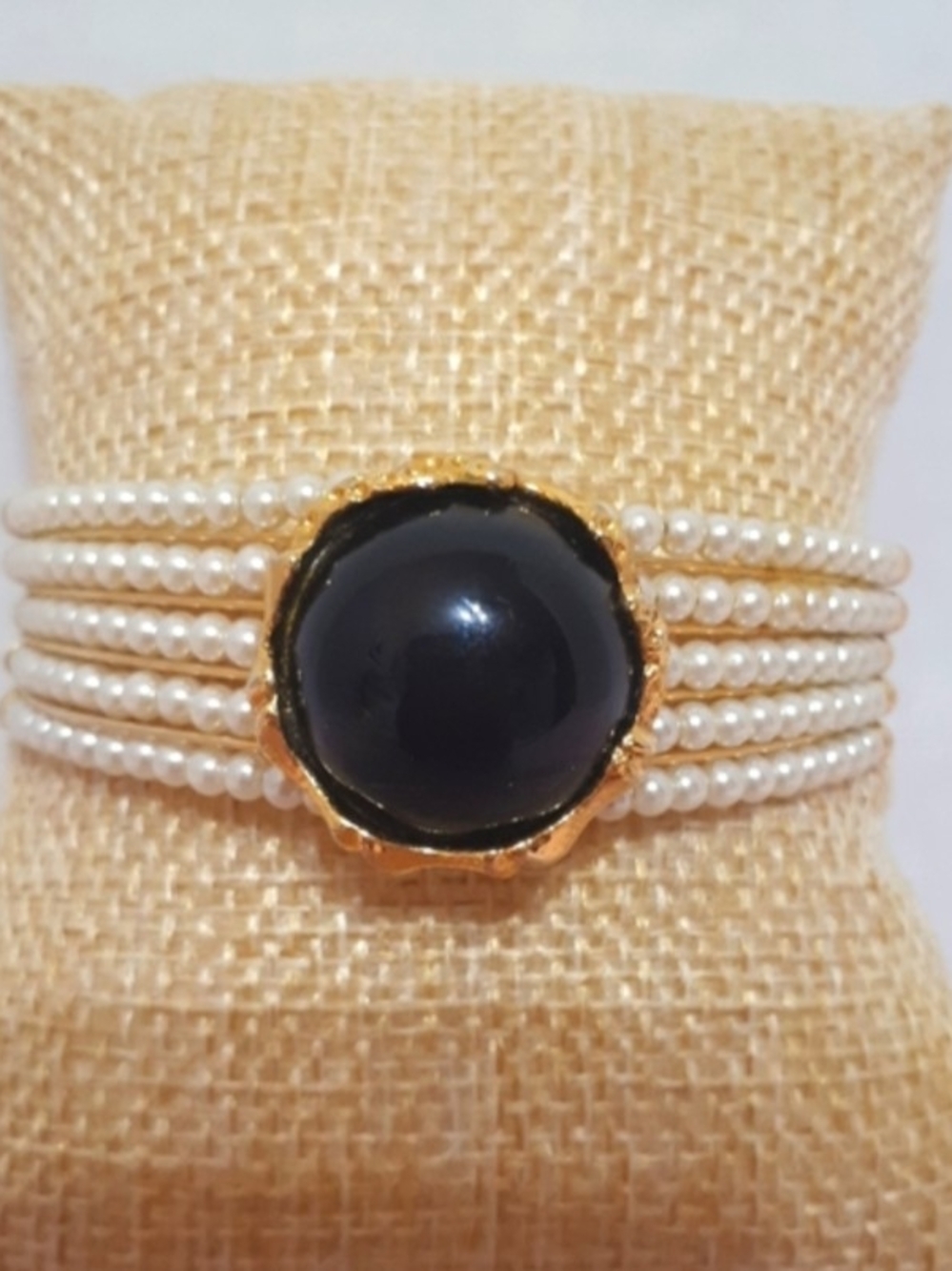 Faux Pearl Black Stone Gold Cuff Bangle Bracelet Vintage Old Hollywood